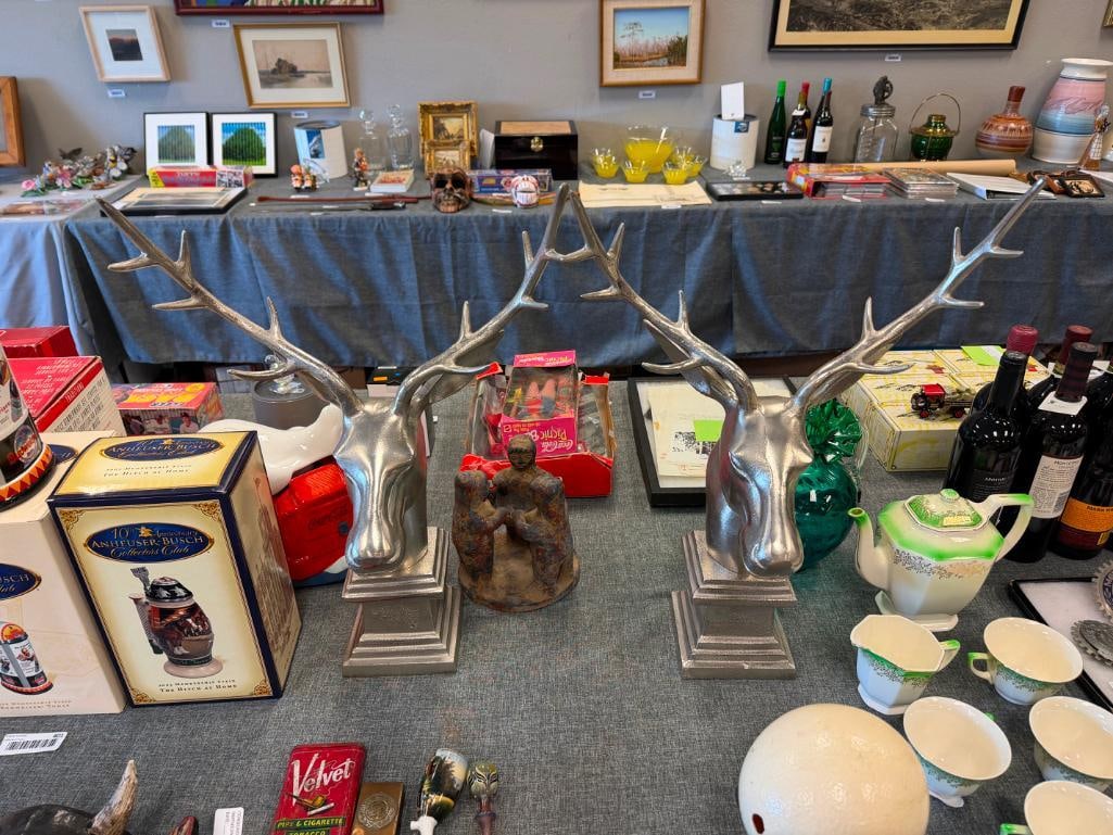 PAIR OF STRIKING SILVER-FINISHED METAL HEAD BUST DEER SCULPTURES FROM PIER-1 - 2