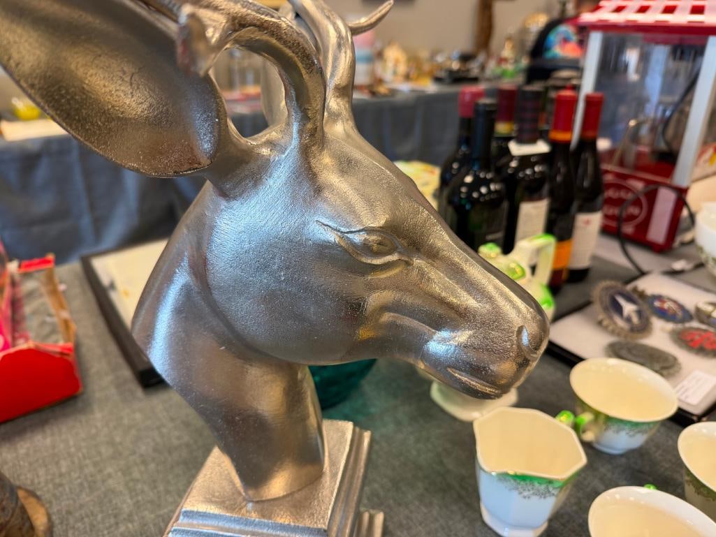 PAIR OF STRIKING SILVER-FINISHED METAL HEAD BUST DEER SCULPTURES FROM PIER-1 - 4