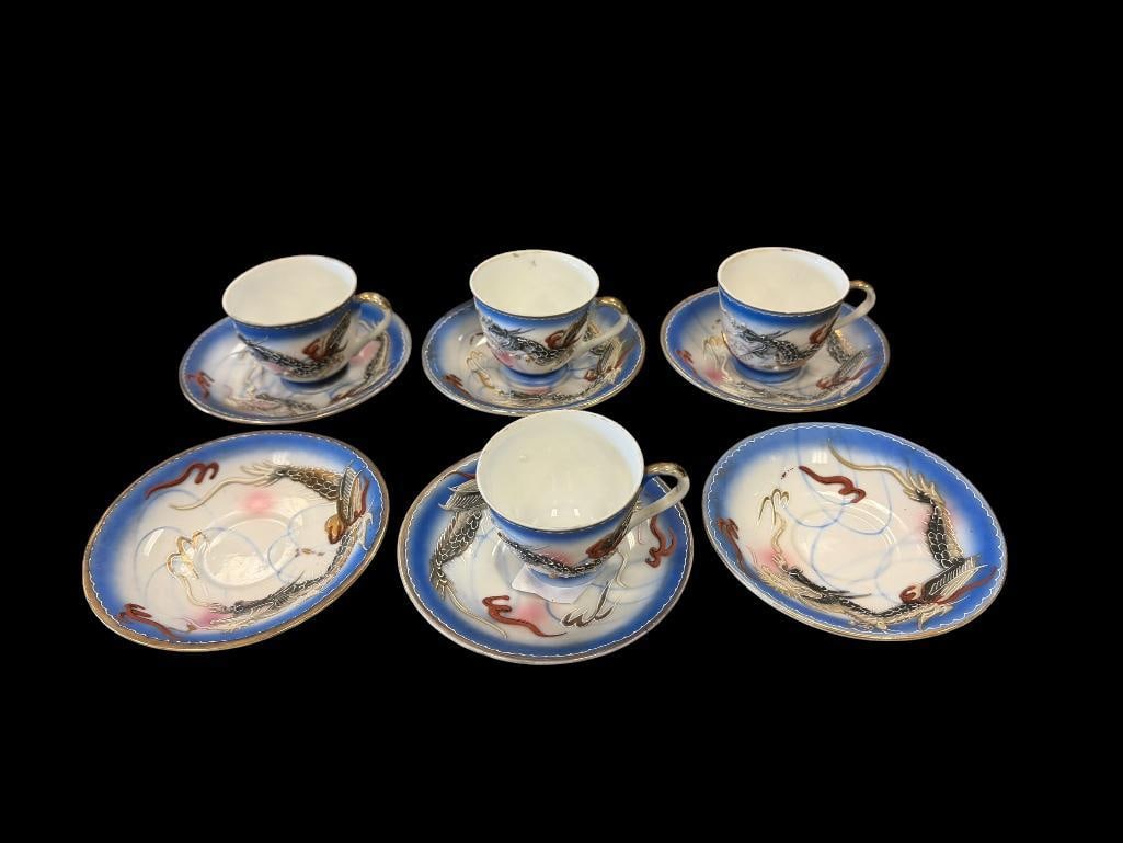 1950'S JAPANESE MORIAGE DRAGONWARE DEMITASSE CUPS AND SAUCERS: MORIAGE DRAGONWARE WITH GILT ACCENTS, TEN PIECES TOTAL, MISSING TWO CUPS TO COMPLETE A SET FOR 8, NO CHIPS 