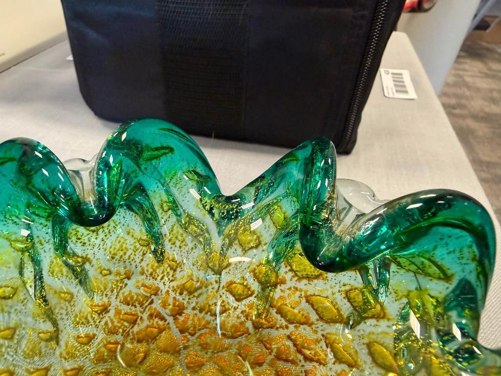 HAND BLOWN ART GLASS EMERALD GREEN BUBBLE GLASS BOWL WITH GOLD AND SILVER SHIMMER - 5
