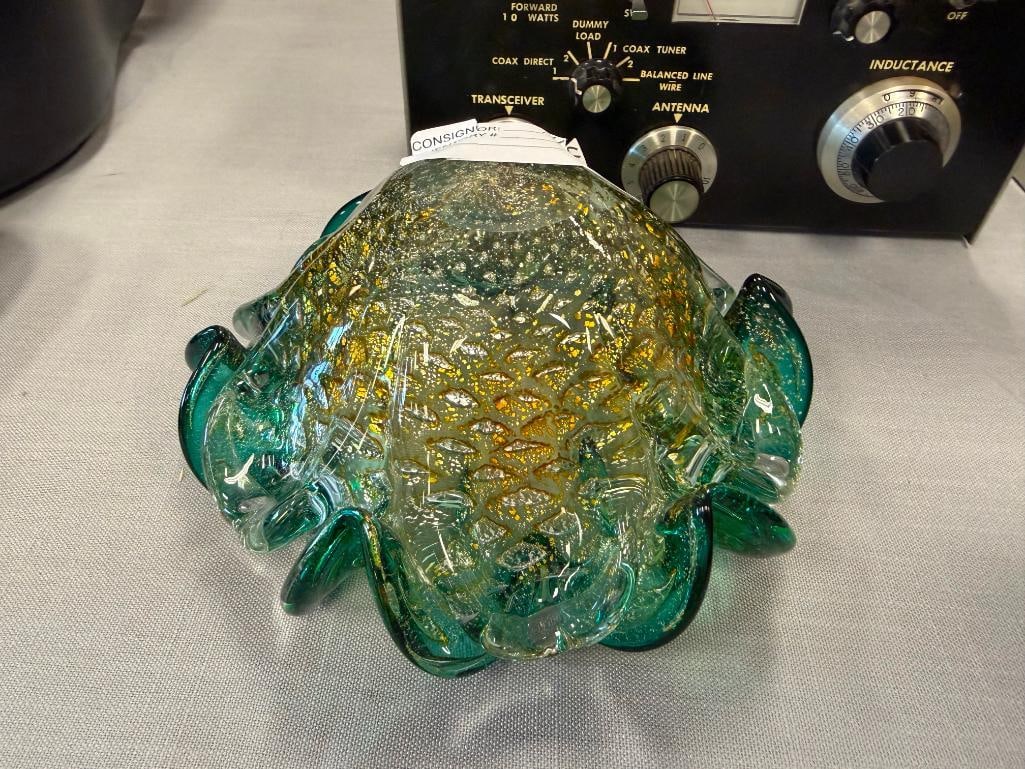 HAND BLOWN ART GLASS EMERALD GREEN BUBBLE GLASS BOWL WITH GOLD AND SILVER SHIMMER - 7