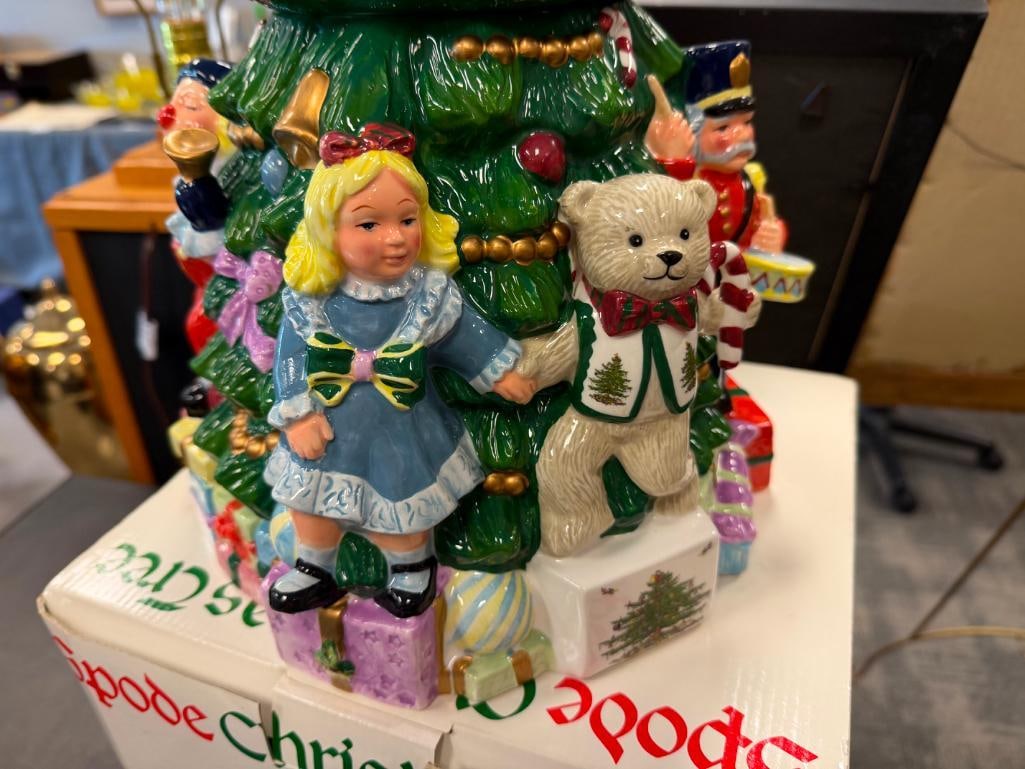 SPODE CHRISTMAS TREE CERAMIC TOYS AROUND THE TREE COOKIE JAR WITH ORIGINAL BOX - 11