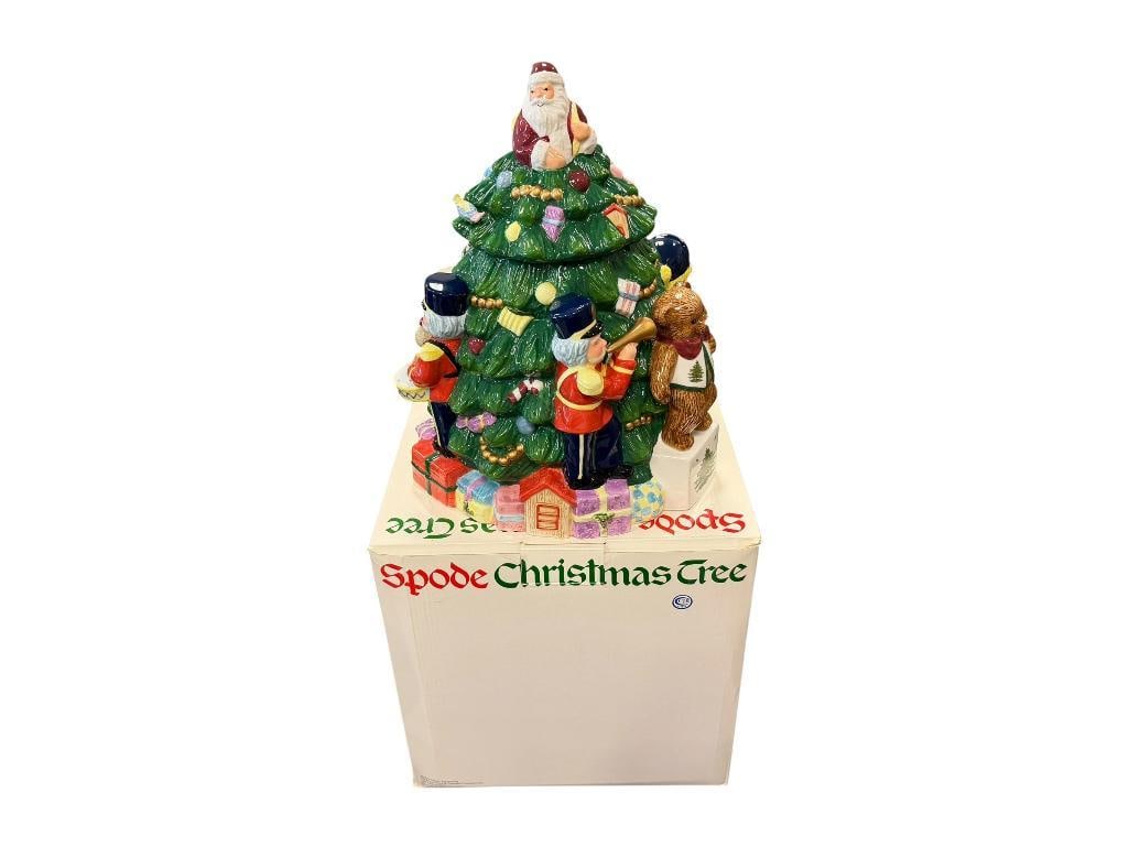 SPODE CHRISTMAS TREE CERAMIC TOYS AROUND THE TREE COOKIE JAR WITH ORIGINAL BOX: IN MINT CONDITION, NO CHIPS OR REPAIRS 12" H