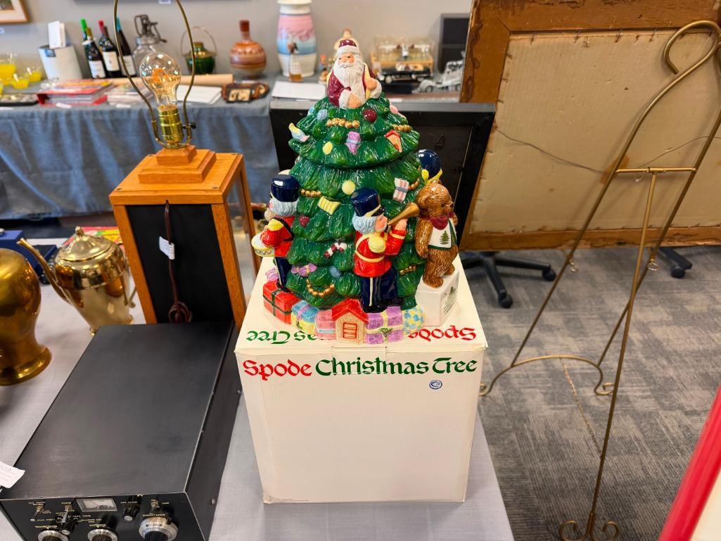 SPODE CHRISTMAS TREE CERAMIC TOYS AROUND THE TREE COOKIE JAR WITH ORIGINAL BOX - 2