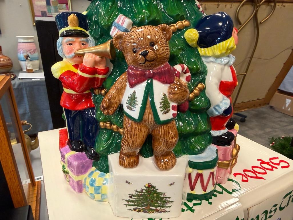 SPODE CHRISTMAS TREE CERAMIC TOYS AROUND THE TREE COOKIE JAR WITH ORIGINAL BOX - 9