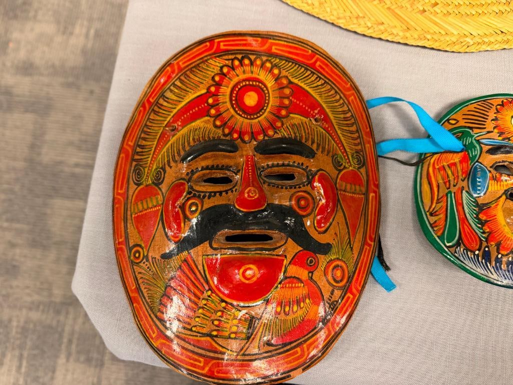THREE HAND CRAFTED TERRACOTTA MEXICAN FOLK ART WALL MASKS - 3