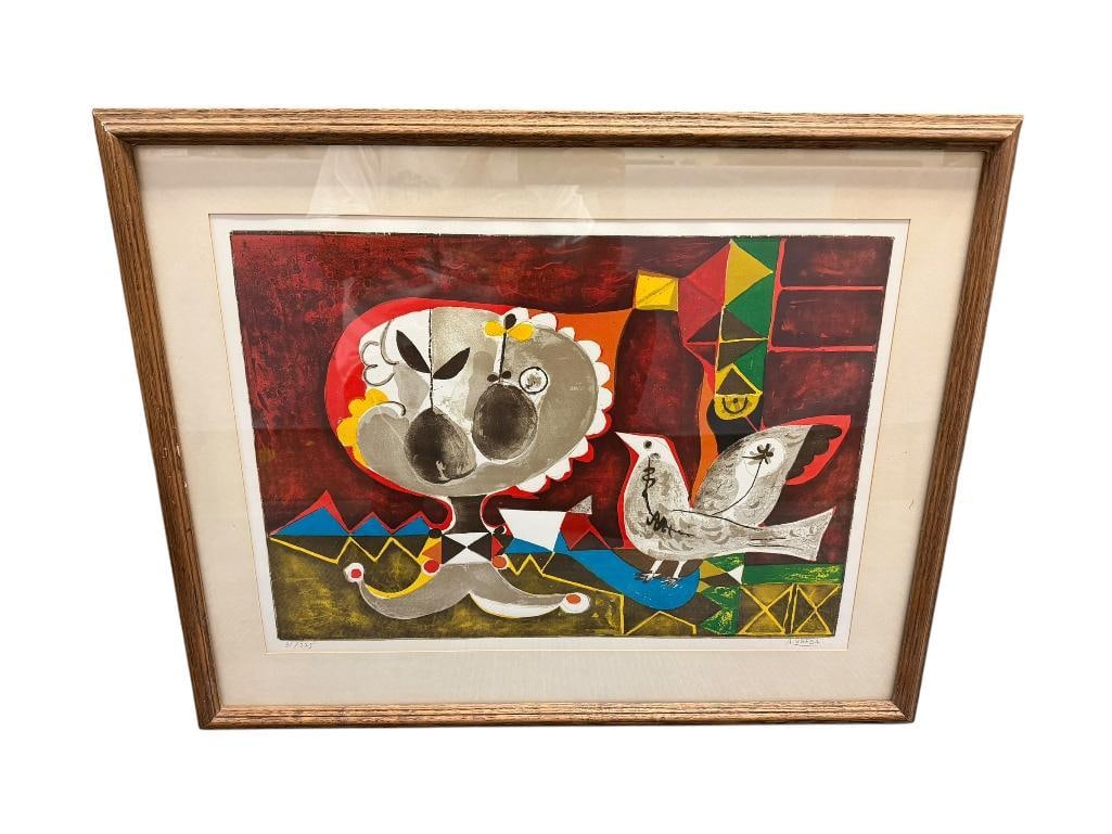 AGUSTIN UBEDA MID-CENTURY SPANISH ARTIST LIMITED EDITION PRINT FRUITIER ROUGE NO. 31/275: AGUSTIN UBEDA (1925-2007) WAS A SPANISH ARTIST, CELEBRATED PAINTER ASSOCIATED WITH THE SCHOOL OF PARIS, ART DEPICTS A SURREAL ILLUSTRATION OF A BIRD AND FRUIT WITH GEOMETRIC STYLED BACKGROUND, AUTHENT
