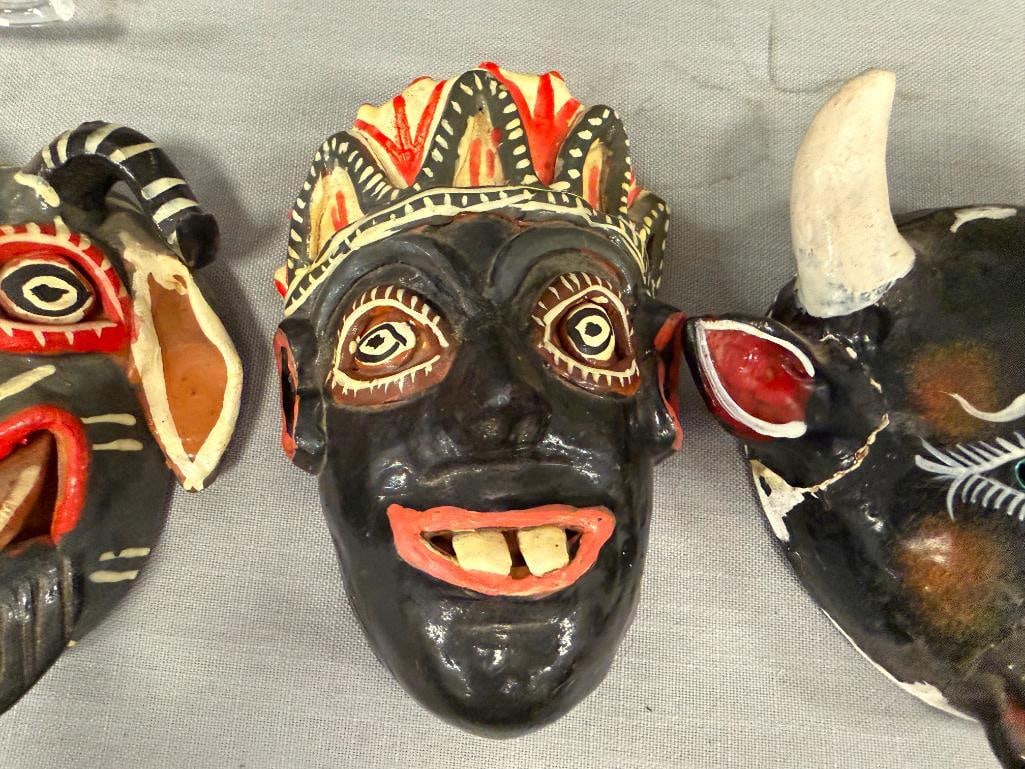 EIGHT MEXICAN FOLK ART TERRACOTA AND GOURD HAND CRAFTED MASKS INCLUDING SEVERAL DIABLO MASKS - 4