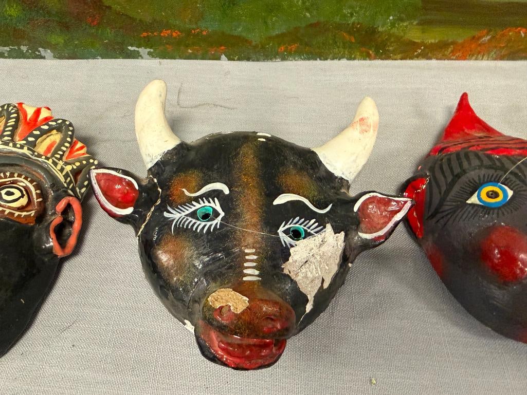 EIGHT MEXICAN FOLK ART TERRACOTA AND GOURD HAND CRAFTED MASKS INCLUDING SEVERAL DIABLO MASKS - 7