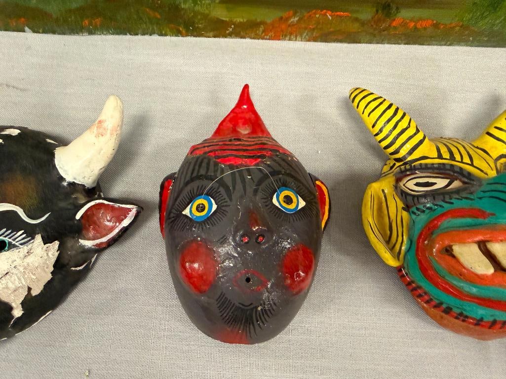 EIGHT MEXICAN FOLK ART TERRACOTA AND GOURD HAND CRAFTED MASKS INCLUDING SEVERAL DIABLO MASKS - 8