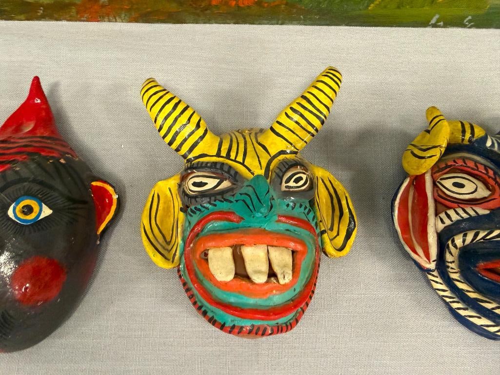 EIGHT MEXICAN FOLK ART TERRACOTA AND GOURD HAND CRAFTED MASKS INCLUDING SEVERAL DIABLO MASKS - 9