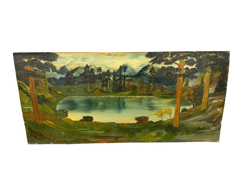 VINTAGE ORIGINAL OIL PAINTING OF A PANORAMIC LANDSCAPE DONE ON METAL SHEET: ART DEPICTS A PANORAMIC LANDSCAPE WITH LAKE SURROUNDED BY TREES AND MOUNTAINS IN THE BACKGROUND, NO ARTIST SIGNATURE OR MARKINGS, PAINTING DOES SHOW PAINT WEAR / FLAKING PRIMARILY AROUND THE EDGES 36"