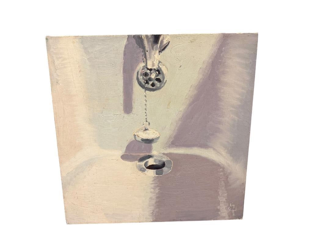 CRAIG SHEPPARD OKLAHOMA-BORN EVADA ARTIST ORIGINAL OIL ON CANVAS PAINTING TITLED RUBADUBTUB: CRAIG SHEPPARD (1913-1978) WAS AN ARTIST AN EDUCATOR FOR UNIVERSITY OF NEVADA, KNOWN FOR HIS WESTERN OIL AND WATERCOLOR PAINTINGS, ART DEPICTS UNUSUAL STILL-LIFE OF A BATH TUB DRAIN WITH PLUG AND FAUC