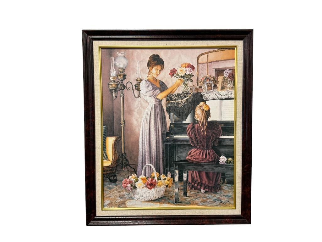 MELINDA BYERS LITHOGRAPH ON CANVAS TITLED A SONG FOR MOTHER: ART DEPICTS A SCENE OF A DAUGHTER PLAYING PIANO FOR MOTHER WHILE SHE ARRANGES FLOWERS IN A VASE, PLATE SIGNED, FRAMED 24" X 28" FRAME