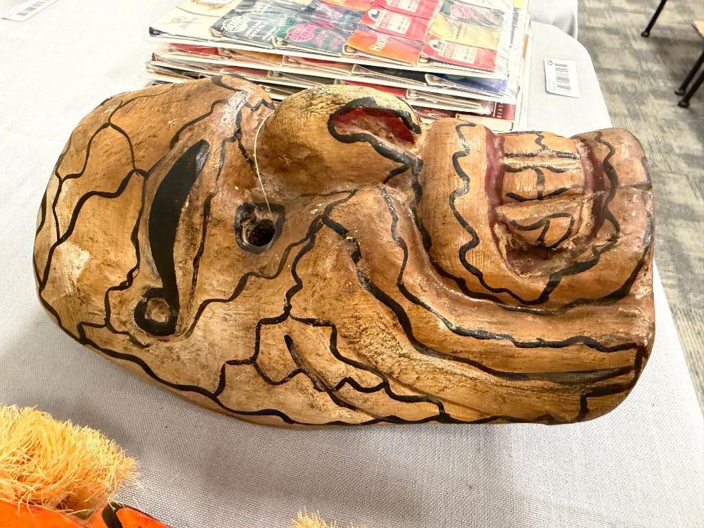 MEXICAN FOLK ART FESTIVE DIA DE LOS MUERTOS MASKS HAND CARVED WOOD AND HANDPAINTED WITH FIBERS - 10
