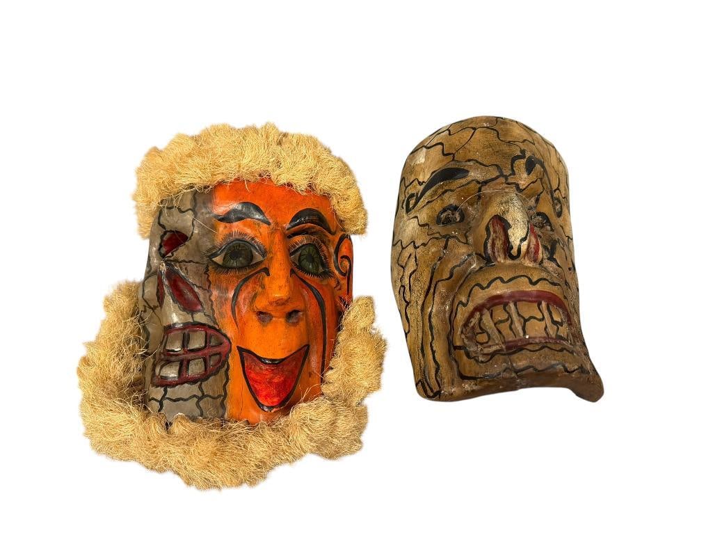 MEXICAN FOLK ART FESTIVE DIA DE LOS MUERTOS MASKS HAND CARVED WOOD AND HANDPAINTED WITH FIBERS (1 of 11)