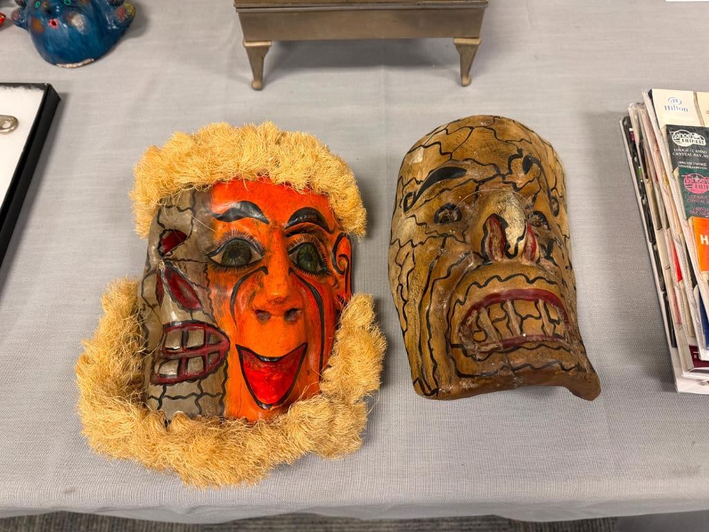 MEXICAN FOLK ART FESTIVE DIA DE LOS MUERTOS MASKS HAND CARVED WOOD AND HANDPAINTED WITH FIBERS - 2