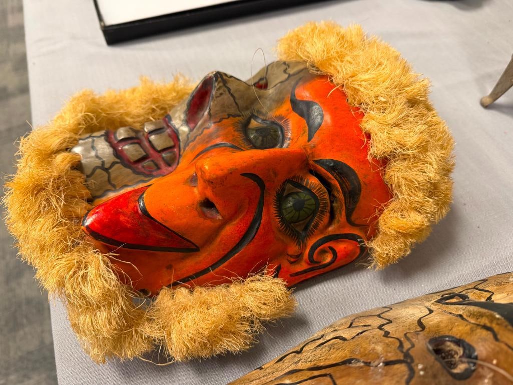 MEXICAN FOLK ART FESTIVE DIA DE LOS MUERTOS MASKS HAND CARVED WOOD AND HANDPAINTED WITH FIBERS - 3