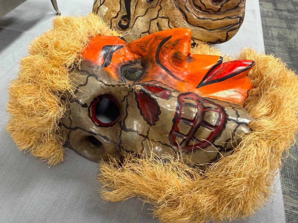 MEXICAN FOLK ART FESTIVE DIA DE LOS MUERTOS MASKS HAND CARVED WOOD AND HANDPAINTED WITH FIBERS - 4
