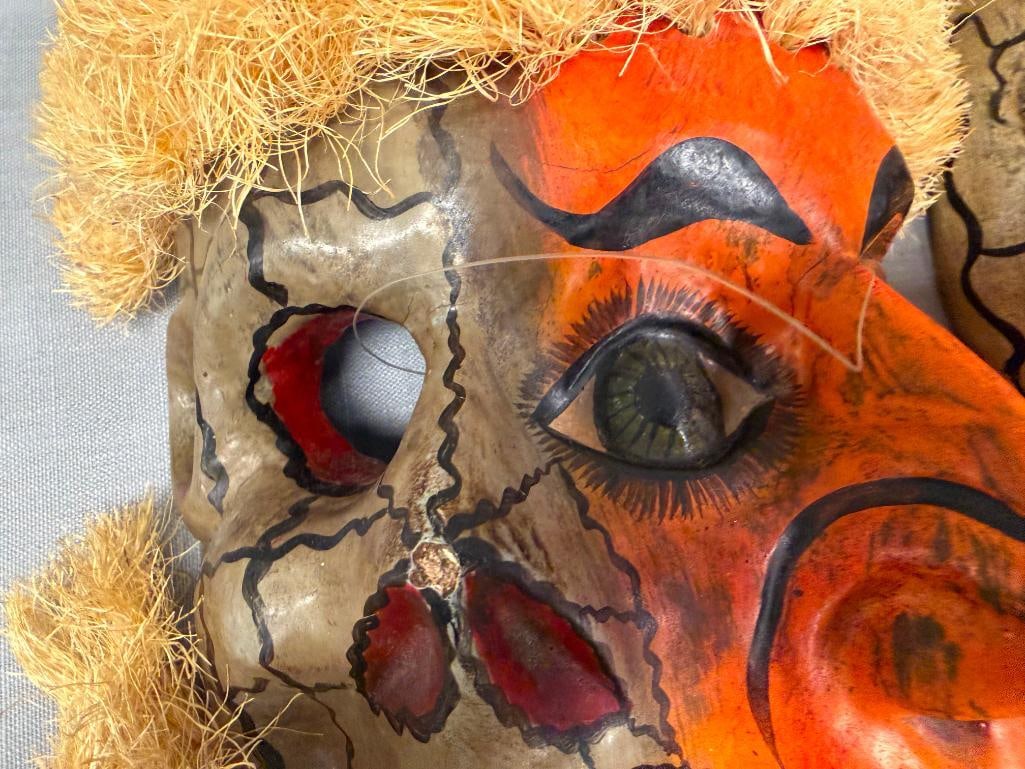 MEXICAN FOLK ART FESTIVE DIA DE LOS MUERTOS MASKS HAND CARVED WOOD AND HANDPAINTED WITH FIBERS - 6