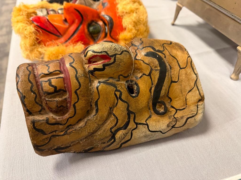 MEXICAN FOLK ART FESTIVE DIA DE LOS MUERTOS MASKS HAND CARVED WOOD AND HANDPAINTED WITH FIBERS - 8