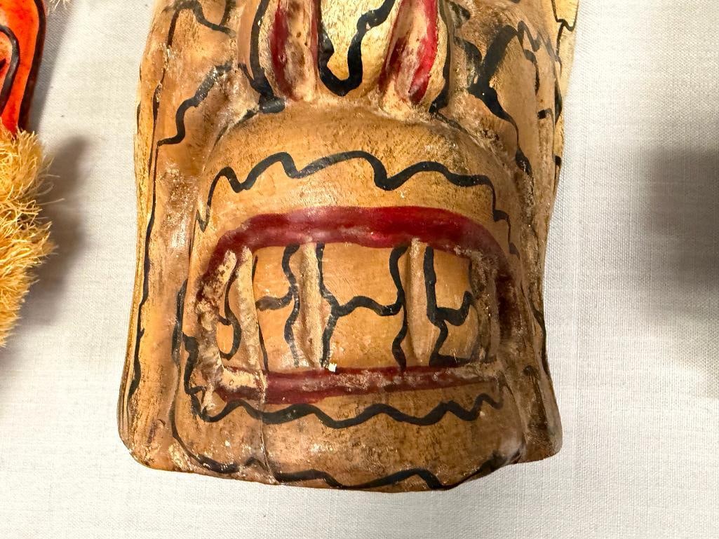 MEXICAN FOLK ART FESTIVE DIA DE LOS MUERTOS MASKS HAND CARVED WOOD AND HANDPAINTED WITH FIBERS - 9