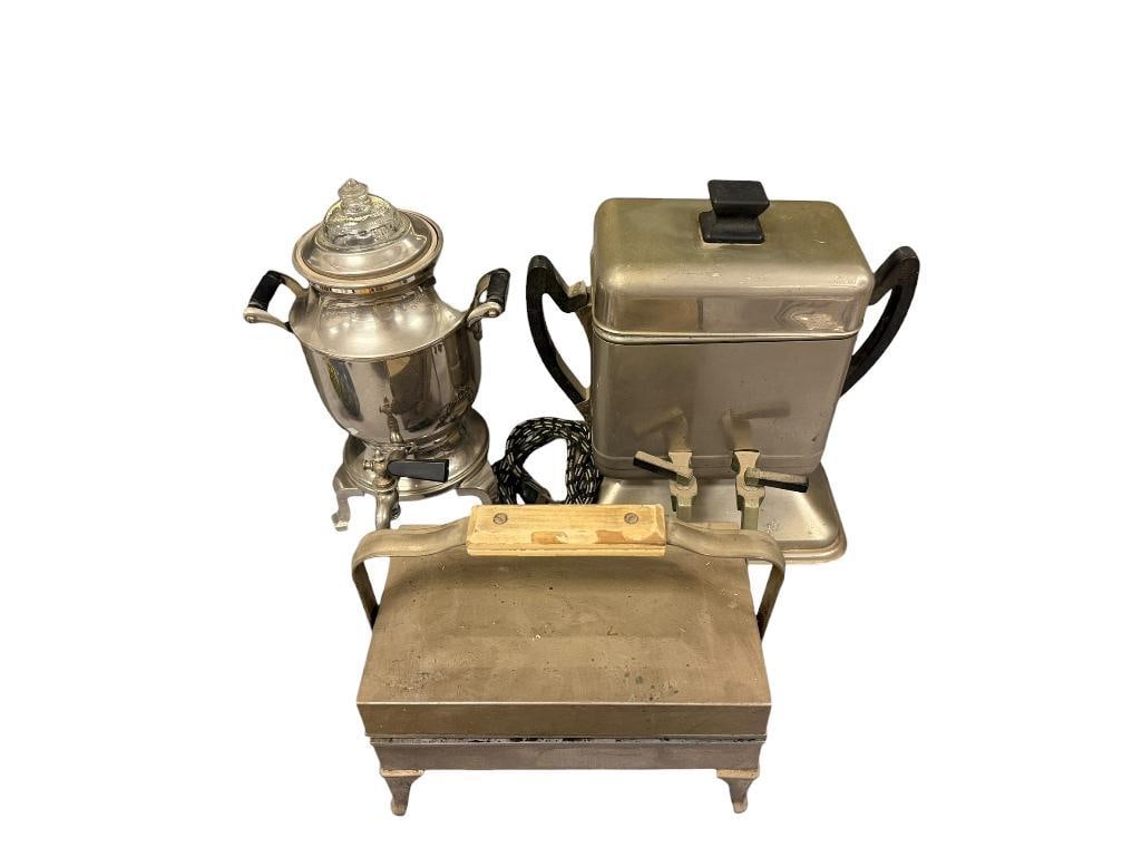 THREE VINTAGE KITCHEN APPLIANCES EDICRAFT SIPHONATOR, ELECTRIC WAFFLE IRON, AND PERCOLATOR: LANDERS FRARY & CLARK UNIVERSAL PERCOLATOR WITH GLASS TOP LID AND POWER CORD, WESTINGHOUSE ELECTRIC WAFFLE IRON CAT NO. WA-4, MISSING POWER CORD, AND THOMAS EDISON EDICRAFT SIPHONATOR SERIAL 