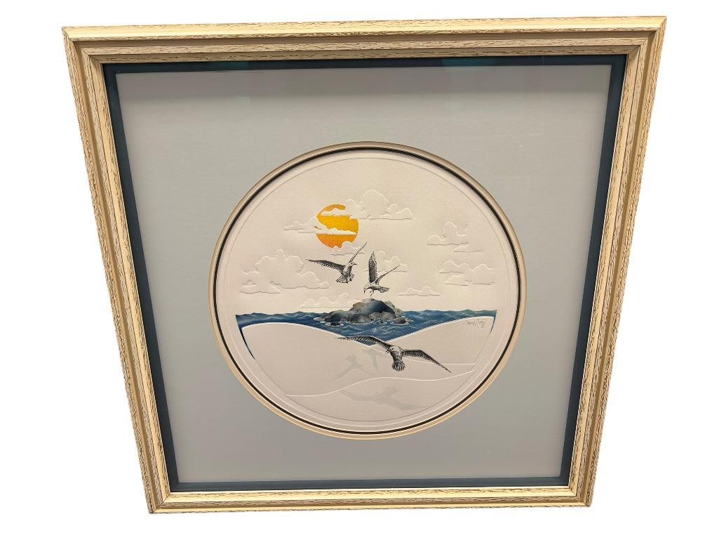 FRANK BRAY EMBOSSED COASTAL PRINT WITH SEAGULLS OVER ROCKY OUTCROP AND WAVES: 34" X 33 1/2" FRAME