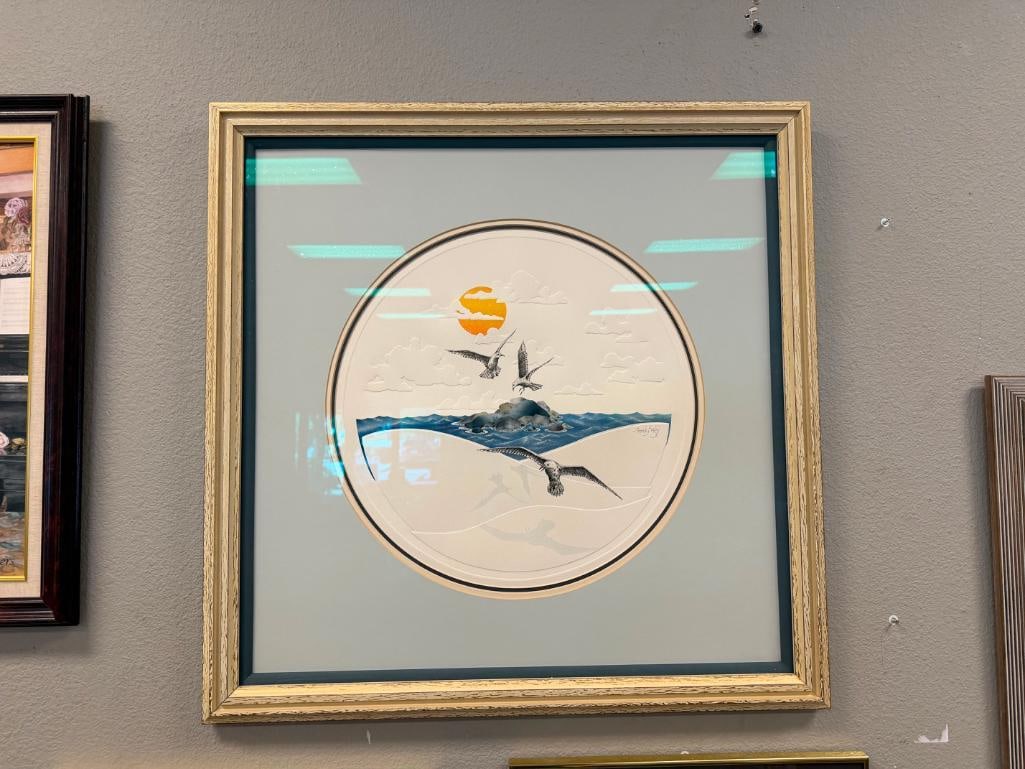 FRANK BRAY EMBOSSED COASTAL PRINT WITH SEAGULLS OVER ROCKY OUTCROP AND WAVES - 2
