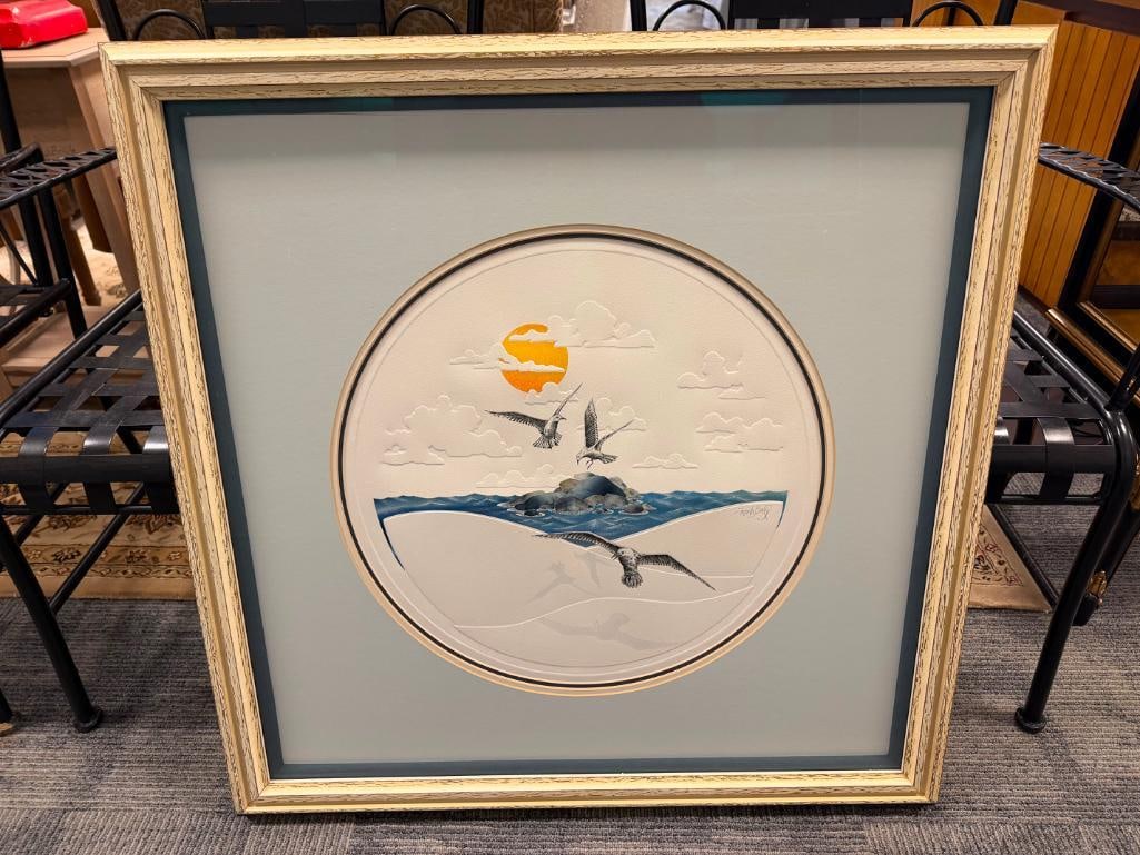 FRANK BRAY EMBOSSED COASTAL PRINT WITH SEAGULLS OVER ROCKY OUTCROP AND WAVES - 3