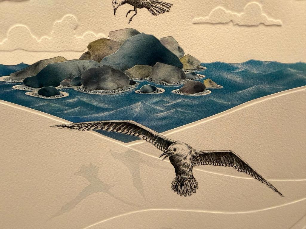 FRANK BRAY EMBOSSED COASTAL PRINT WITH SEAGULLS OVER ROCKY OUTCROP AND WAVES - 8