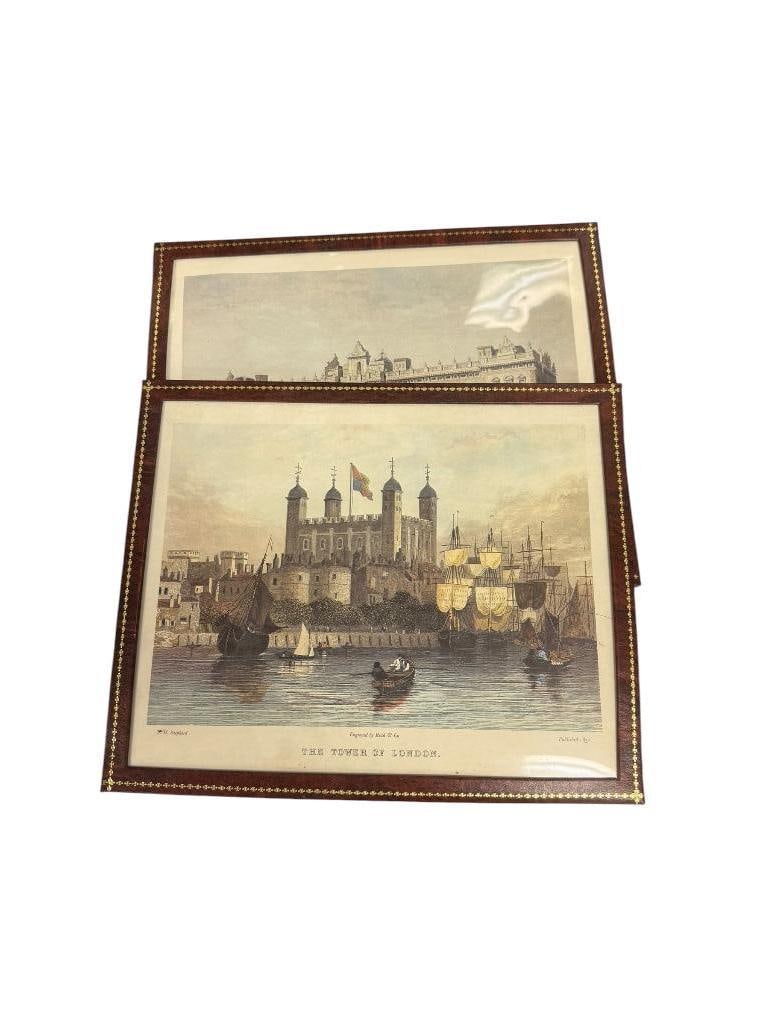 THE TOWER OF LONDON AND BUCKINGHAM PALACE PRINTS OF 1850'S ENGRAVINGS PAINTED BY THOM. H. SHEPHERD: PAINTED ORIGINALLY BY THOMAS HOSMER SHEPHERD, ENGRAVED AND PUBLISHED BY READ & CO. SCENES OF A HISTORICAL VIEW OF THE TOWER OF LONDON AND FRONT VIEW OF THE BUCKINGHAM PALACE, FRAMED 11 1/2" X 9 1/