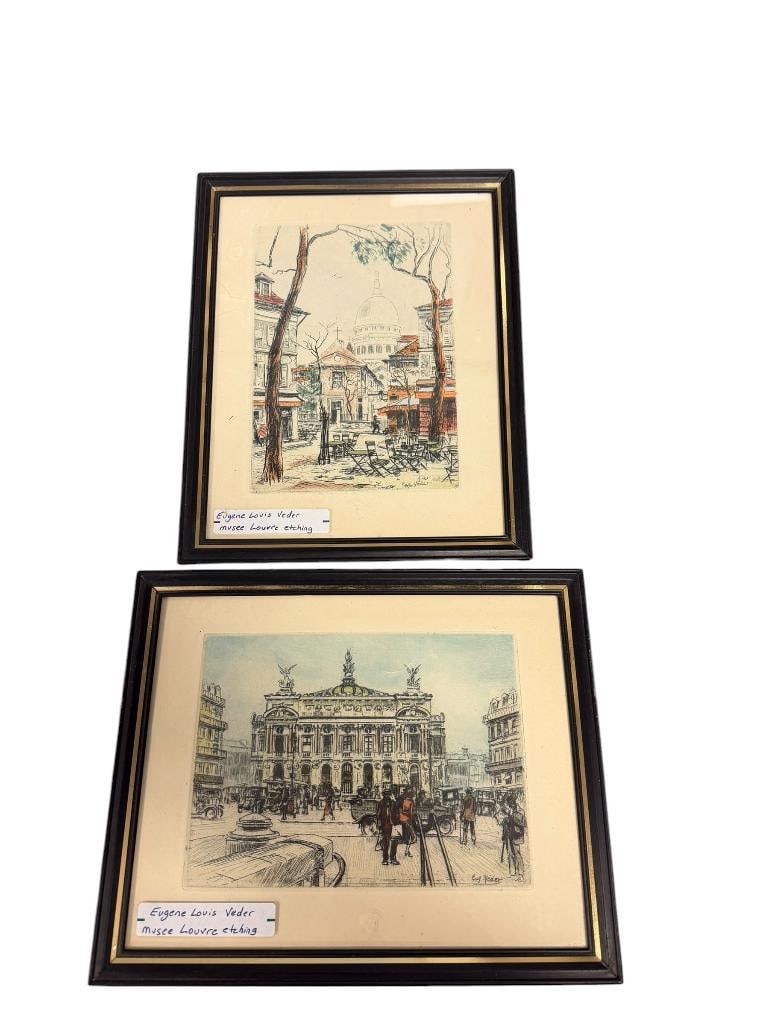 EUGENE-LOUIS VEDER FRENCH ARTIST HAND COLORED ETCHINGS STAMPED MUSEE LOUVRE CHALCOGRAPHIE: (1879-1936) WAS A FRENCH PRINTMAKER, EACH ETCHING DEPICTS PARISIAN STREET SCENES WITH BUILDINGS AND PEOPLE, PLATE SIGNED WITH MUSEE LOUVRE STAMP BOTTOM CENTER, FRAMED 8 1/4" X 10" FRAME