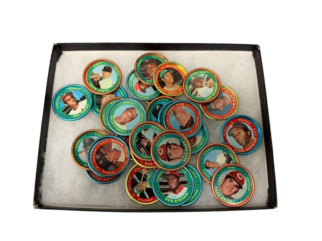 1971 TOPPS METAL BASEBALL COINS COLLECTIONS OVER 20 COINS PETE ROSE, FRANK ROBINSON, PHIL NIEKRO: ROD CAREW, BOB GIBSON, AND MANY OTHERS