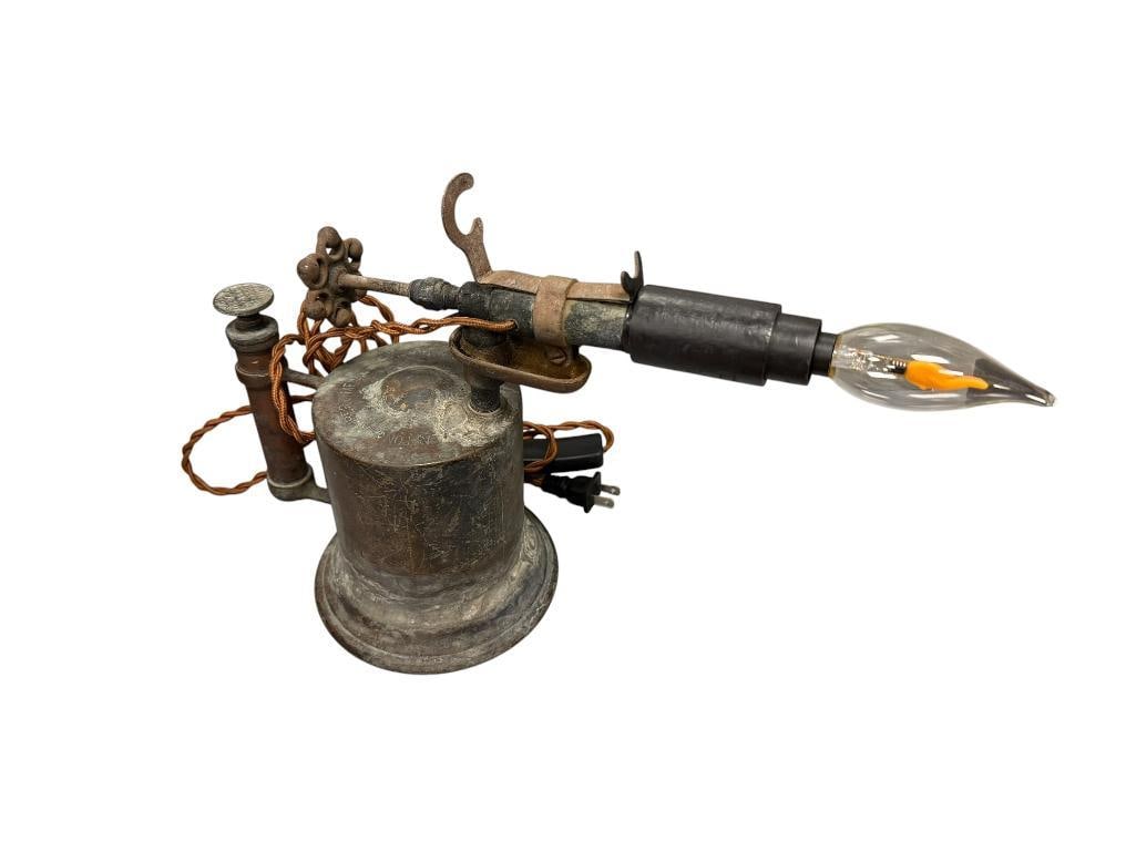 ANTIQUE CLAYTON & LAMBERT STEAMUNK PROPANE TORCH LAMP WITH FLICKERING BULB: TESTED + 10" H