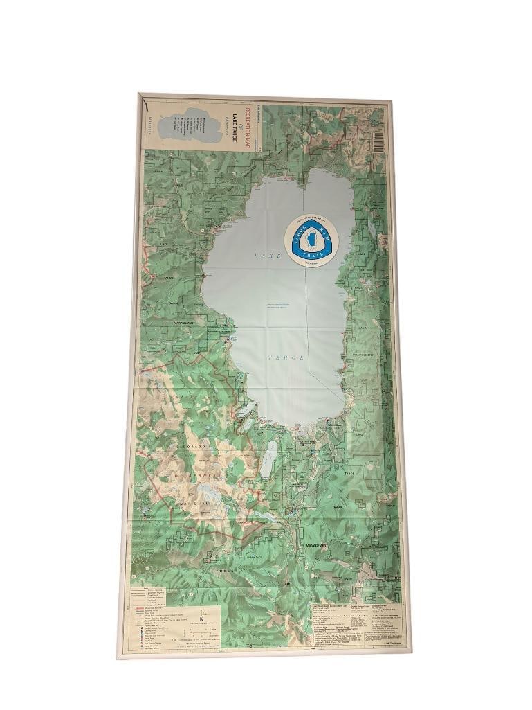 VINTAGE 1997 TOM HARRISON RECREATION MAP OF LAKE TAHOE: CARTOGRAPHY MAP OF LAKE TAHOE INCLUDING BOTH NEVADA AND CALIFORNIA SIDES, FRAMED WITH GLASS AND METAL FRAME, MINOR CRACK IN CORNER OF GLASS 19" X 39" FRAME