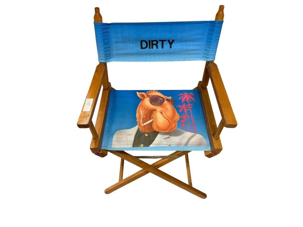 JOE CAMEL "DIRTY" CAMEL CIGARETTES PROMOTIONAL FOLDING WOODEN DIRECTOR'S CHAIR: PRETTY GOOD CONDITION 21" X 16" X 18" SEAT HEIGHT, 34" SEAT BACK HEIGHT