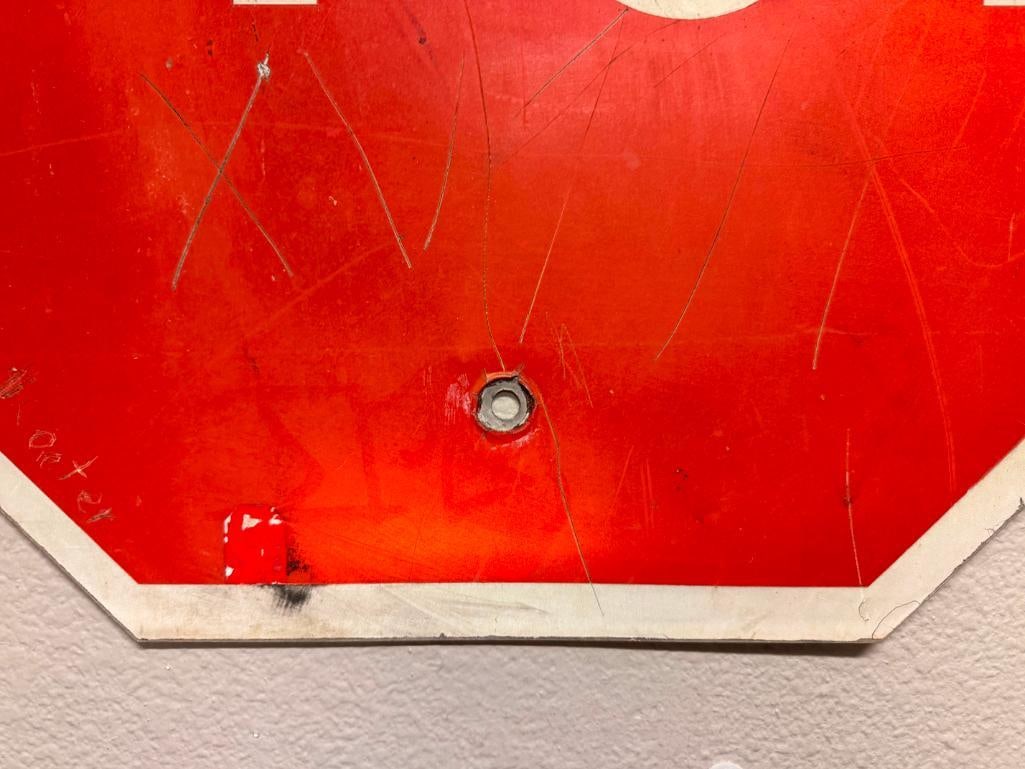 VINTAGE RED AND WHITE OCTAGONAL METAL STOP SIGN - 3