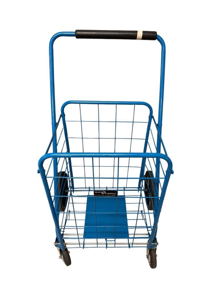 BLUE FOLDING METAL UTILITY CART FEATURING DEEP WIRE BASKET AND FRONT SWIVEL WHEELS: PERFECT FOR HAULING GROCERIES OR OTHER ITEMS 17" X 18" X 32" BASKET, 40" HANDLE