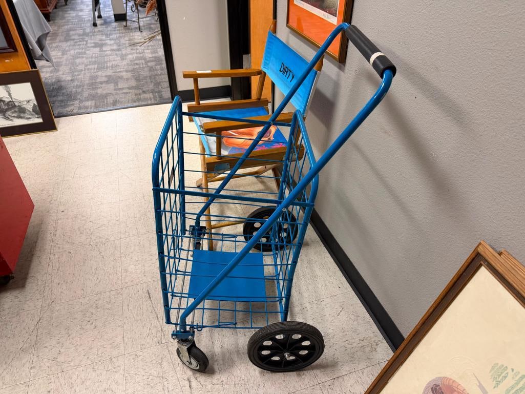 BLUE FOLDING METAL UTILITY CART FEATURING DEEP WIRE BASKET AND FRONT SWIVEL WHEELS - 3