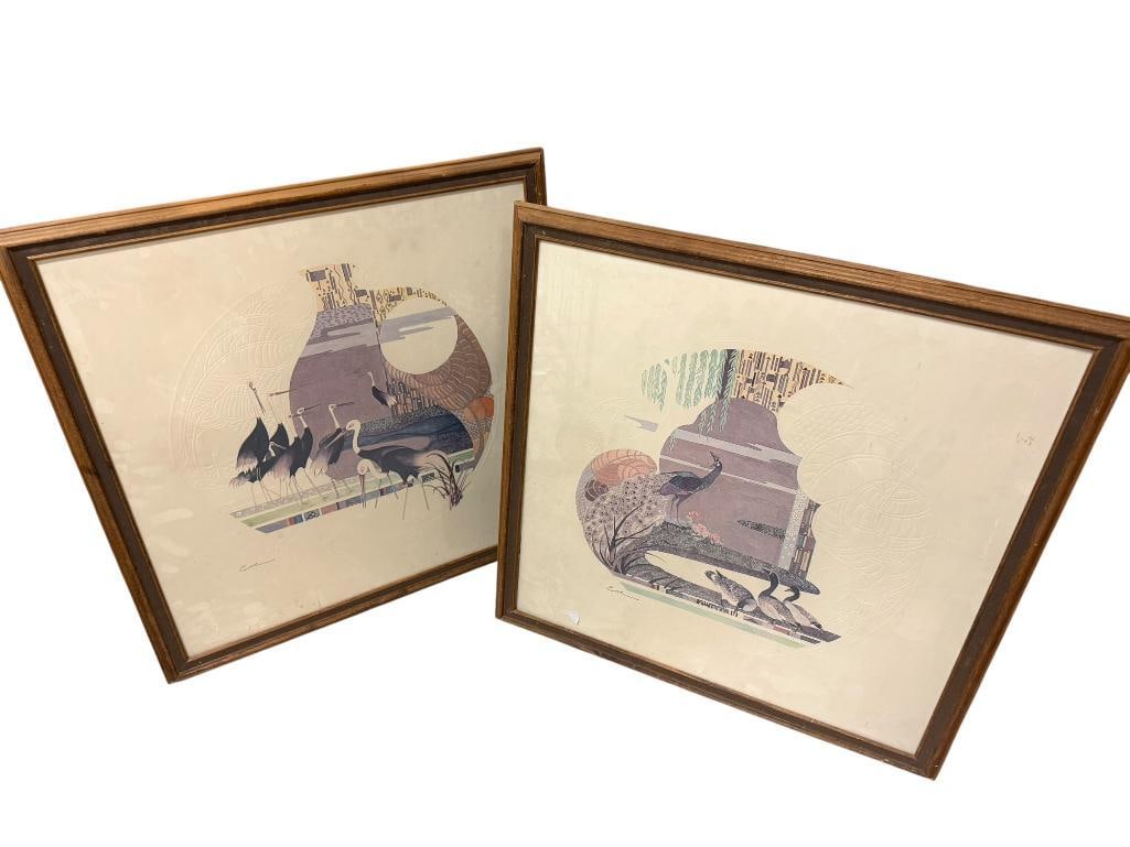 TWO UNIQUE EMBOSSED PRINTS FEATURING A HARRY WISOCKI STYLE: ONE FEATURES PEACOCKS AND OTHER FEATURES WADING CRANES, BOTH WOOD AND GLASS FRAMED 26 1/2" SQUARE