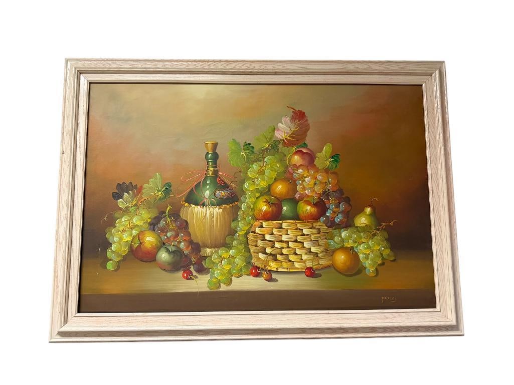 ORIGINAL OIL ON CANVAS PAINTING OF STILL LIFE FRUITS BASKET AND WINE SIGNED BY ARTIST " PARKEY ": SIGNED BY ARTIST IN LOWER RIGHT, DEPICTS CLASS FALL STYLE PAINTING WITH FALL COLORS, WOOD FRAMED, SOME DAMAGE TO CANVAS IN LOWER LEFT 41" X 28" FRAME