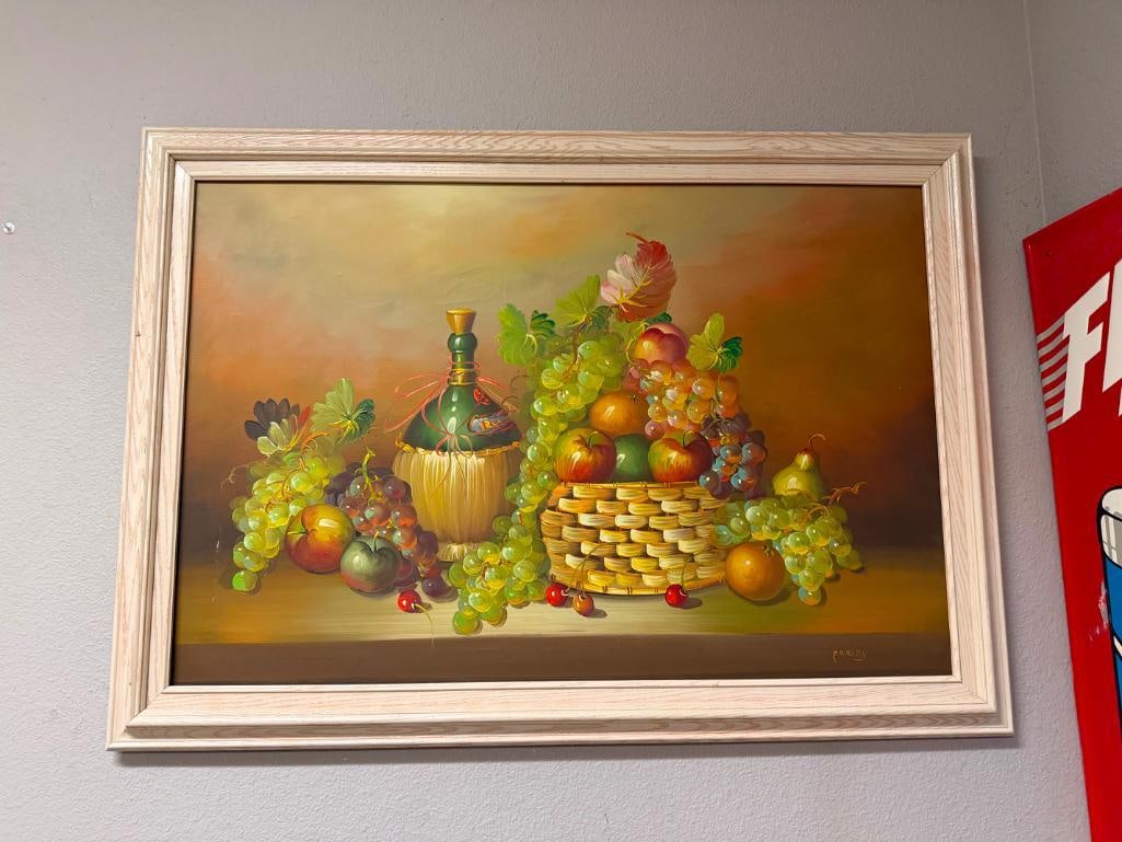ORIGINAL OIL ON CANVAS PAINTING OF STILL LIFE FRUITS BASKET AND WINE SIGNED BY ARTIST " PARKEY " - 2