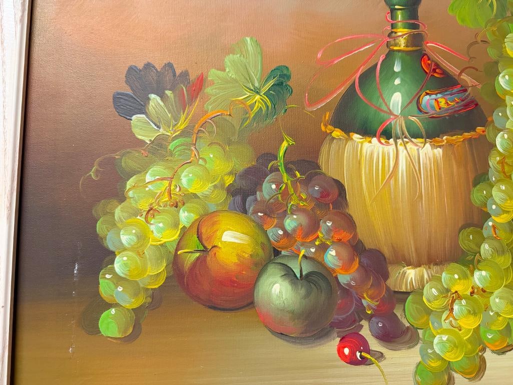 ORIGINAL OIL ON CANVAS PAINTING OF STILL LIFE FRUITS BASKET AND WINE SIGNED BY ARTIST " PARKEY " - 4