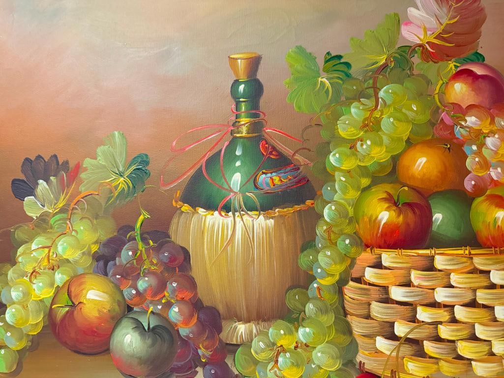 ORIGINAL OIL ON CANVAS PAINTING OF STILL LIFE FRUITS BASKET AND WINE SIGNED BY ARTIST " PARKEY " - 6