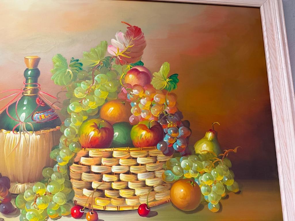 ORIGINAL OIL ON CANVAS PAINTING OF STILL LIFE FRUITS BASKET AND WINE SIGNED BY ARTIST " PARKEY " - 7