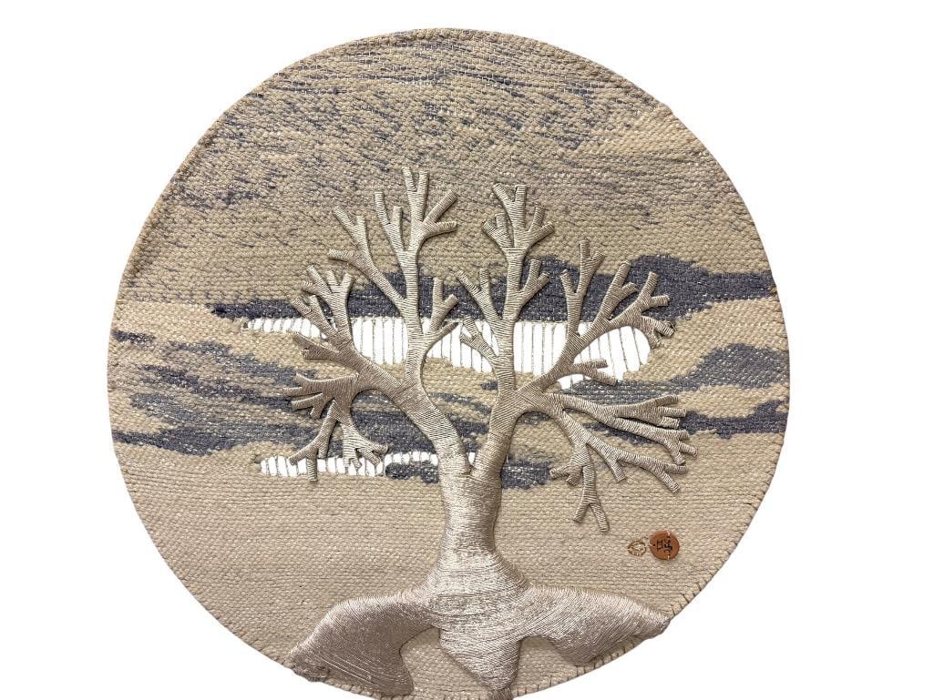 VINTAGE MID-CENTURY DON FREEDMAN LISTED ARTIST " TREE OF LIFE " WOVEN FIBER ART WALL HANGING: MID-CENTURY, HAND WOVEN FROM JUTE, WOOL, AND MORE, ARTIST COPYRIGHT TAG ON BACK WITH INSIGNIA ON FRONT, GOOD CONDITION 33" DIAMETER