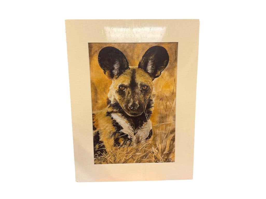 GAIL OTTO " WILD DOG - EAST AFRICA " PRINT: ISSUED IN 2002, WRAPPED IN PROTECTIVE PLASTIC SHEETING AND MATTED 12" X 26"
