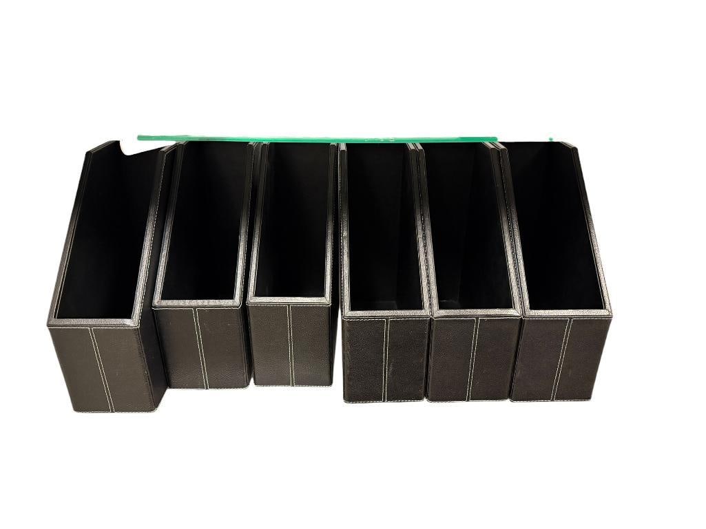 SET OF SIX FAUX LEATHER WRAPPED DESKTOP ORGANIZING FILE HOLDERS WITH WHITE TRIM: GOOD CONDITION 4" X 10" X 11"