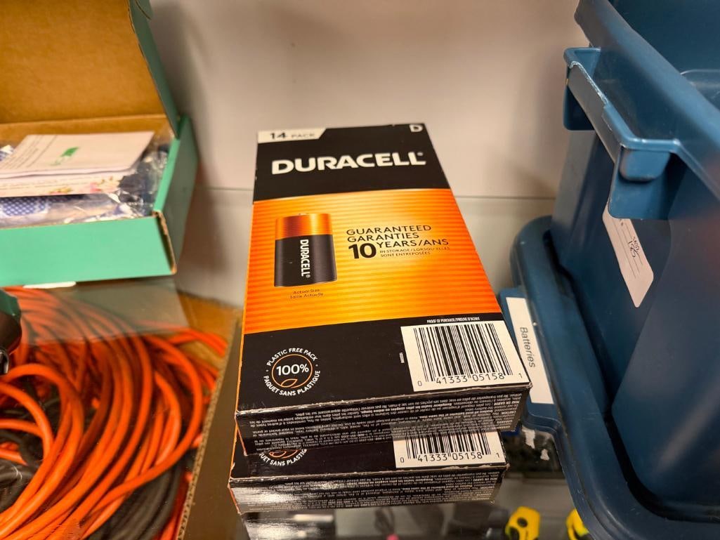 SMALL TUB FULL OF ASSORTED BATTERIES INCLUDING TWO DURACELL 14 PACK D BATTERIES - 7